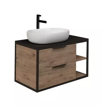 Тумба со столешницей Grossman Лофт 90 подвесная, 2 ящика, веллингтон/металл черный (раковина Grossman GR-3015)