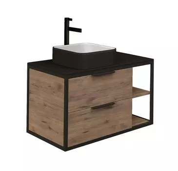 Тумба со столешницей Grossman Лофт 90 подвесная, 2 ящика, веллингтон/металл черный (раковина Grossman GR-4042BW)