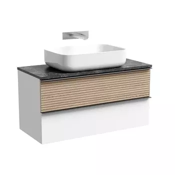 Тумба со столешницей Sancos Delta 100 подвесная, столешница black sky, дуб светлый/белый (без отверстия под смеситель)