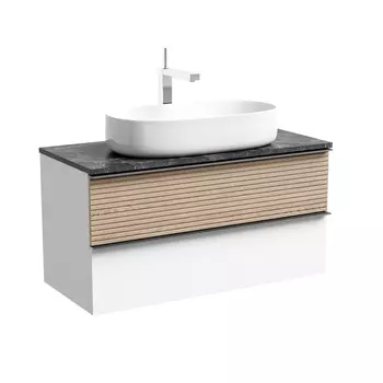 Тумба со столешницей Sancos Delta 100 подвесная, столешница black sky, дуб светлый/белый (с отверстием под смеситель)