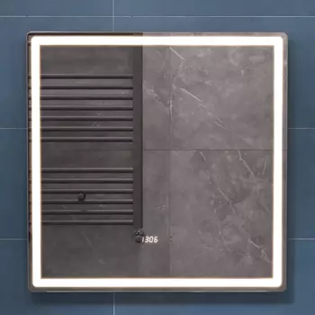 Зеркало Vigo Geometry Luxe 70х70 с подсветкой, бесконтактное включение (на взмах), функция антизапотевания, часы