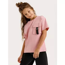 футболка с накладным карманом для девочек (розовый, 134/ 9-10 YEARS)