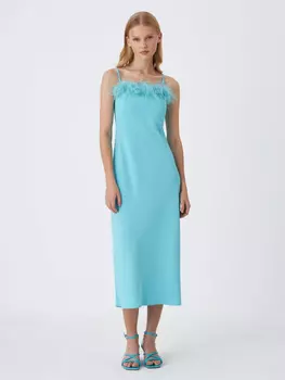 Платье миди с перьями (голубой, S)