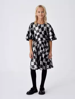 Платье в клетку с пайетками для девочек (черный, 140)