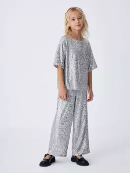 Широкие брюки с пайетками для девочек (серебро, 146)