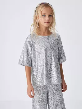 Топ с пайетками для девочек (серебро, 140)