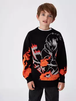 Вязаный джемпер с принтом для мальчиков (черный, 140)