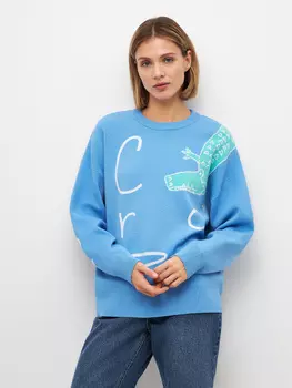 Вязаный джемпер с принтом (синий, M)
