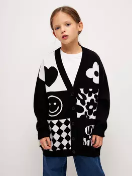 Вязаный кардиган с принтом для девочек (черный, 128)