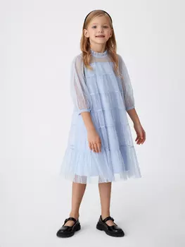 Ярусное платье в горошек для девочек (голубой, 152)