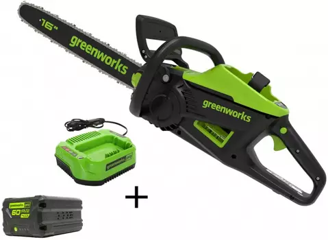 Цепная пила "Greenworks" аккумуляторная 60V, 40 см, бесщеточная, 2500Вт, с 1хАКБ 4 Ач и ЗУ