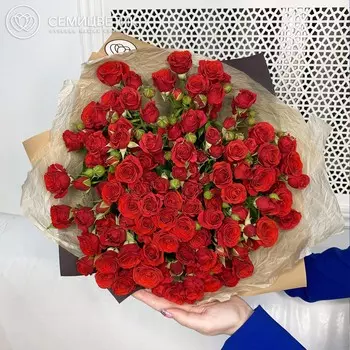 25 красных кустовых роз в упаковке