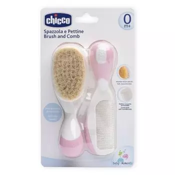 Chicco - Набор детская расческа и щётка с натуральными щетинками розовая 0 мес +