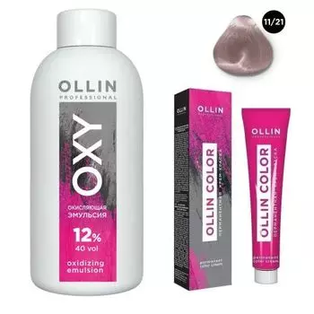 Ollin Professional Color - Набор (Перманентная крем-краска для волос 11/21 специальный блондин фиолетово-пепельный 100 мл, Окисляющая эмульсия Oxy 12% 150 мл)