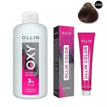 Ollin Professional Color - Набор (Перманентная крем-краска для волос 7/00 русый глубокий 100 мл, Окисляющая эмульсия Oxy 3% 150 мл)