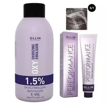 Ollin Professional Performance - Набор (Перманентная крем-краска для волос 5/1 светлый шатен пепельный 100 мл, Окисляющая эмульсия Oxy 1,5% 150 мл)