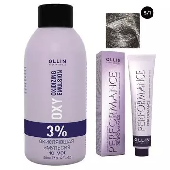 Ollin Professional Performance - Набор (Перманентная крем-краска для волос 5/1 светлый шатен пепельный 100 мл, Окисляющая эмульсия Oxy 3% 150 мл)