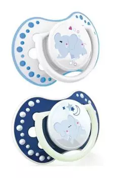 Силиконовая динамическая пустышка для мальчика Night&amp;Day слон, 6-18 m, 2 шт