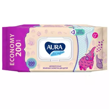 Влажные целлюлозные салфетки для детей Ultra Comfort в упаковке с крышкой 0+, 200 шт