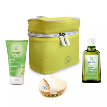 Weleda - Антицеллюлитный набор "Идеальная пара" (березовое масло 100 мл, березовый пилинг для душа 150 мл, массажная щетка, косметичка)