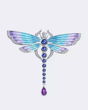 Брошь-стрекоза с эмалью, фианитами и аметистом Sokolov