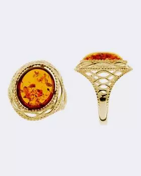 Кольцо ажурное из серебра с янтарем вытянутой формы Sun Stone