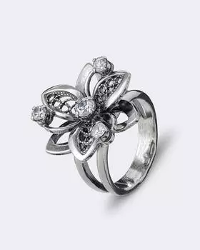 Кольцо «Цветок» из оксидированного серебра с фианитами
