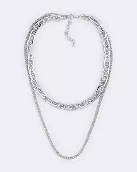 Колье двойное из цепей с разным плетением, цвет родирование