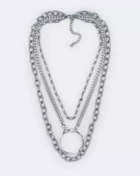 Колье комбинированное с цепями разного цвета, цвет gun colot+серебро