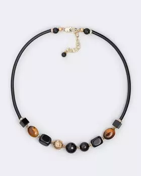 Колье с тигровым глазом, ониксом, черным агатом и золотой лавой Selena Роман с камнем
