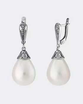 Серьги-дропы из оксидированного серебра с жемчугом