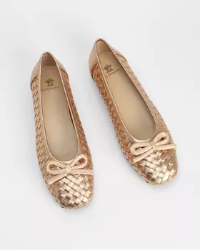 Балетки из натуральной кожи плетеной фактуры с декоративным бантом