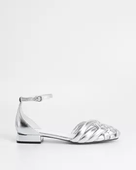 Балетки из натуральной плетеной кожи на устойчивом каблуке-кирпичике с застежкой на щиколотке