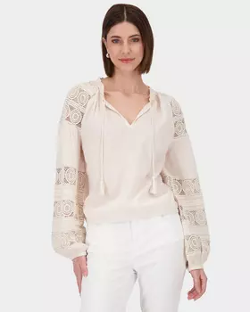 Блузка из хлопка и модала с кружевными вставками на рукавах