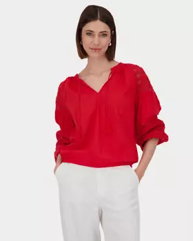 Блузка из хлопка и модала с кружевными вставками на рукавах