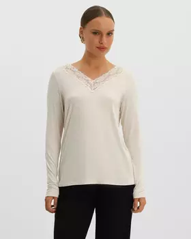 Блузка из мягкого трикотажа с V-вырезом с отделкой кружевом