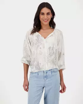 Блузка из вискозы с морским узором и блестящим принтом