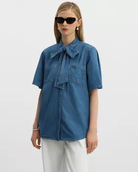 Джинсовая рубашка из тонкого премиального денима с коротким рукавом и отстегивающимся бантом