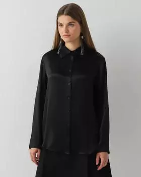 Сатиновая блуза из вискозного шелка свободного кроя с длинным рукавом