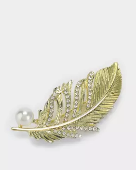 Брошь-кулон в виде пера с мерцающими стразами и искусственной жемчужиной