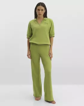 Брюки из эластичного трикотажа в рубчик с широким поясом