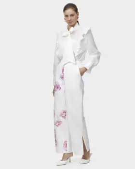 Брюки прямого кроя с эластичной вставкой в поясе и цветочным принтом