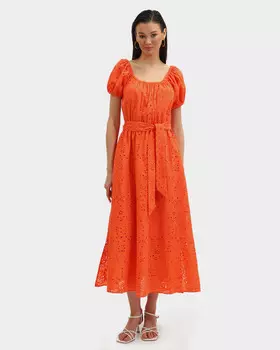 Длинное платье миди из хлопка с вышивкой ришелье с поясом