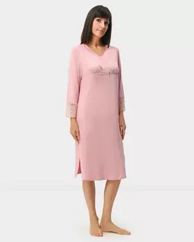 Домашнее платье из эластичной вискозы с принтом и цветочным кружевом