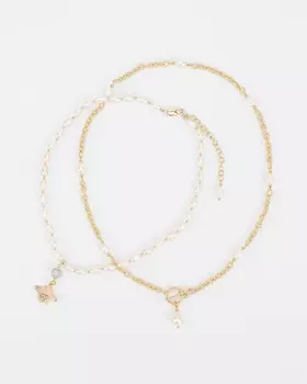 Двойное колье из жемчуга с подвеской и цепочки