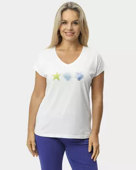 Футболка из хлопка с морским принтом и металлическими стразами