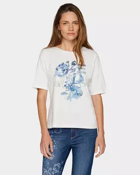 Хлопковая футболка с цветочным принтом и декором термоклеевыми стразами