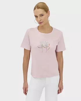 Хлопковая футболка с цветочным принтом и вышивкой пайетками