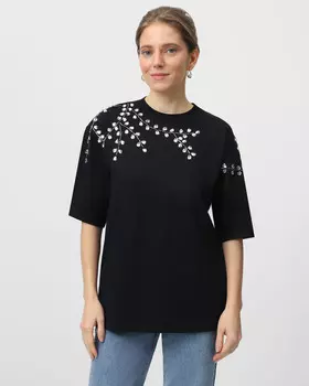 Хлопковая футболка с вышивкой стеклярусом и стразами