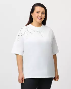 Хлопковая футболка с вышивкой стеклярусом и стразами